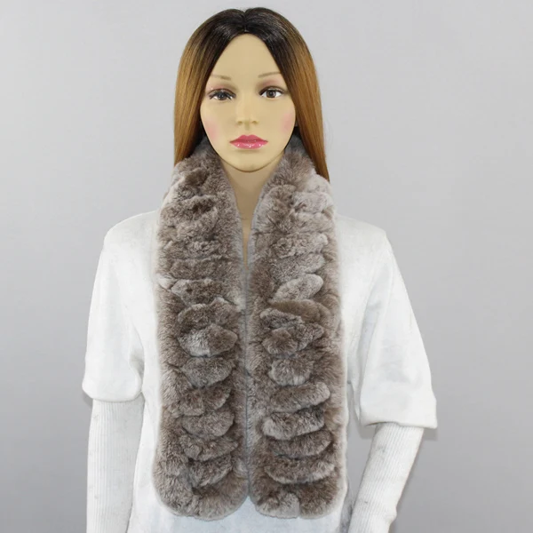 Women Genuine Rex Rabbit Fur Scarves Winter Warm 100%natural rabbit Fur scarf Fashion Females Real Fur Neckerchiefs - Color: coffee grey