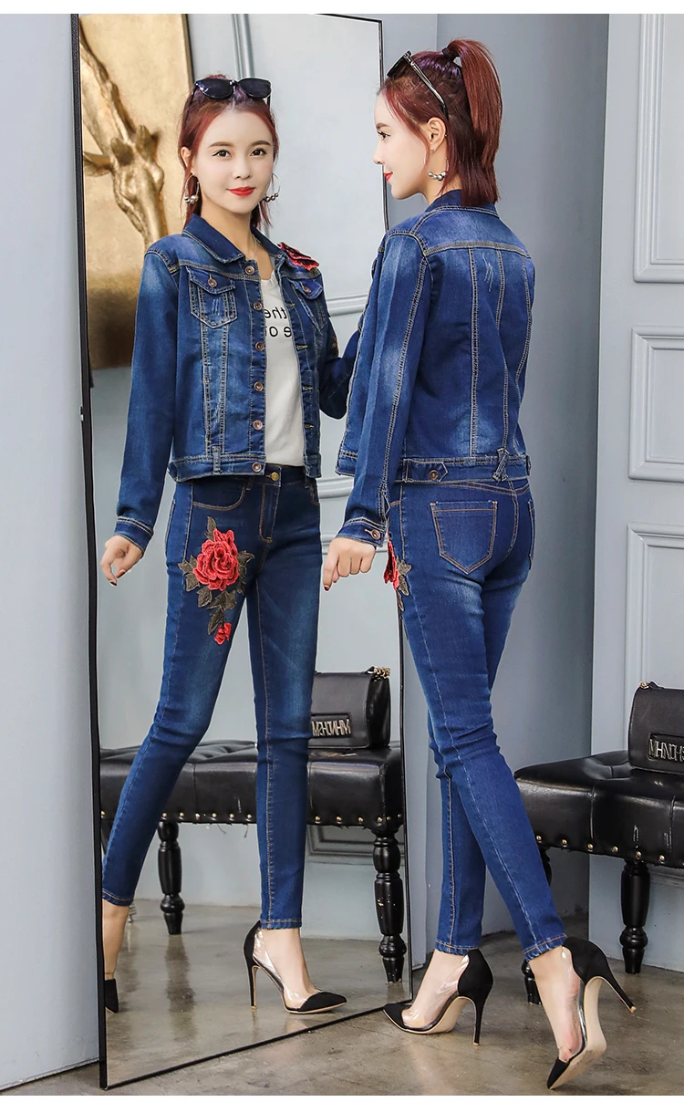 Элегантные джинсовые куртки с 3D цветочной вышивкой и длинным рукавом, пальто+ джинсовые штаны, костюмы для женщин, женские брюки, комплект из двух предметов, L3128