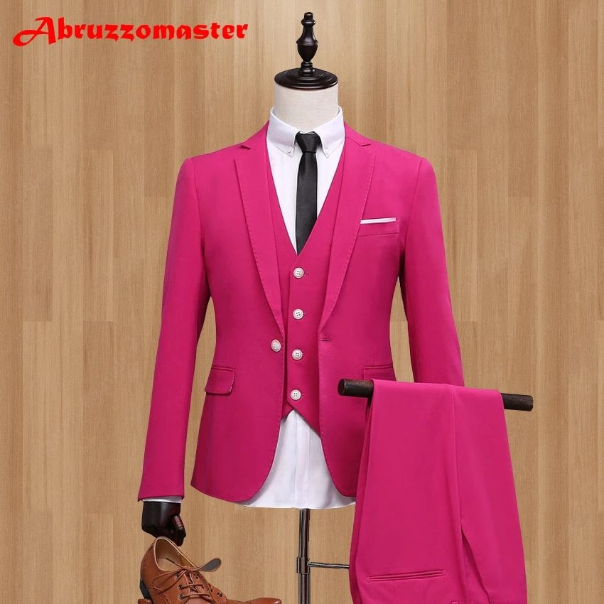 Новинка, приталенный мужской костюм розового цвета с отворотом, приталенный костюм Terno Masculino, свадебные костюмы для мужчин(куртка+ жилет+ штаны