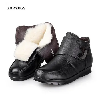 

New Winter Warm Comfort Wool Cowhide Leather Boots Snow Boots Flat Non-slip Winter Boots Fashion Casual Black Shoes Women Boots