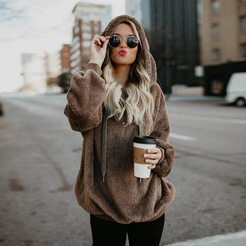 Шерпа флисовый свитер большого размера 5XL с капюшоном Карманный пуловер для женщин осень зима теплая уличная одежда свитера - Цвет: Brown