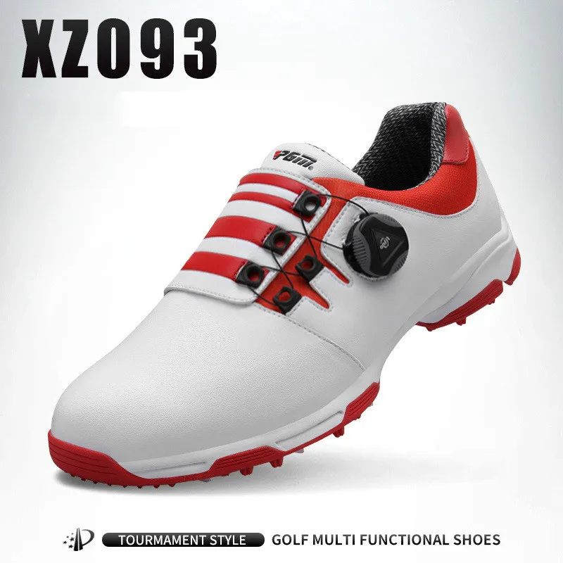 XZ093 white red PGM/ Новое поступление, Мужская обувь для гольфа, нескользящая, водостойкая, дышащая, с ремешком, с вращающейся пряжкой, спортивная обувь для мужчин, размер США 7-10 - Цвет: XZ093 white red