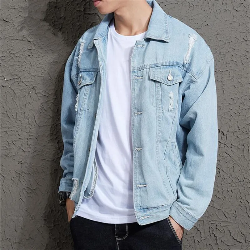 2019 Cotton Solid Denim Jacket Mens Spring Autumn Casual Slim Fit Bomber Jackets Mens Hole Jean Jacket Mens Outwear Male Cowboy