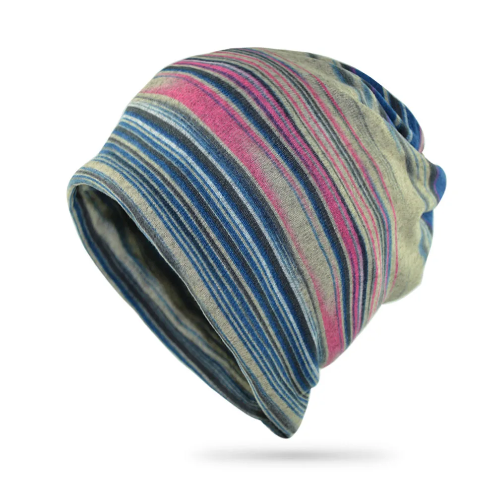 

Women knitted slouchy beanie hat muticolor stripes warm autumn winter skullies cap