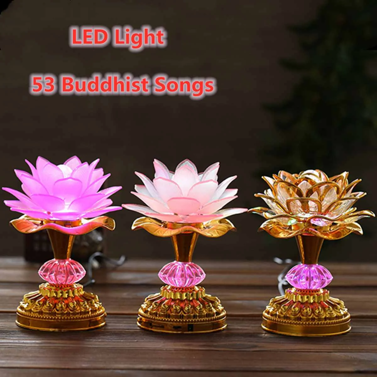 

7 LED Colors Changing Buddha Temple Light for Lotus Flower Lamp Buddhist Prayer Lamps 53 Buddhist Songs Buddha Music Machine