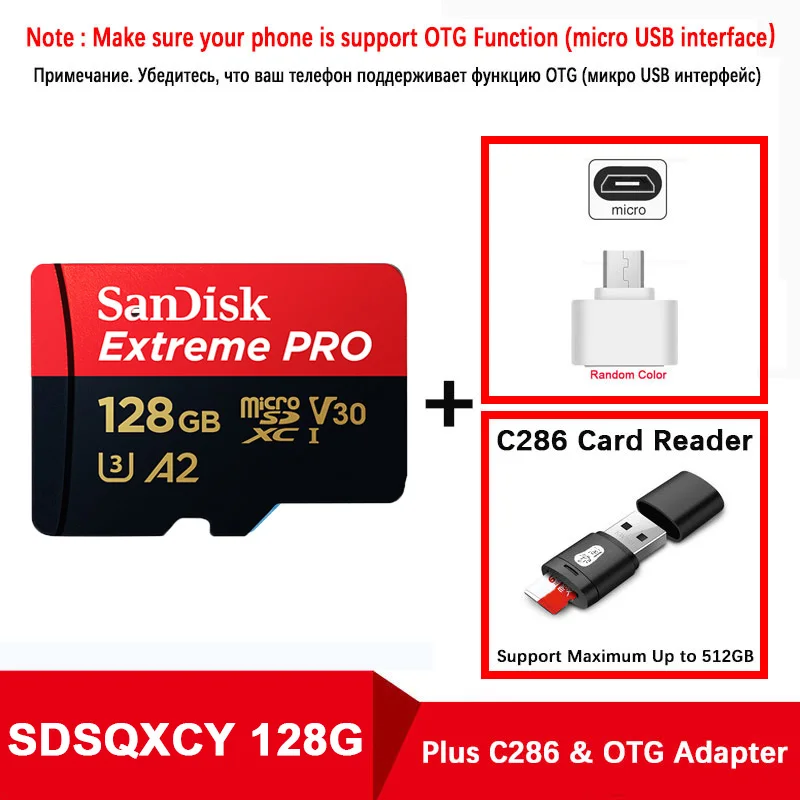 SanDisk Extreme Pro флеш-карты памяти TF карты Micro SD карты 128 ГБ U3 170 МБ/с. microsd телефон Камера 4K видео Запись - Емкость: SQXCY-128G-C286-OTG