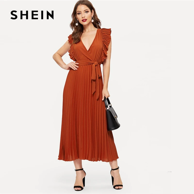 SHEIN Rust Pleated Ruffle Trim Wrap Knot Plain Dress With Belt Women ...