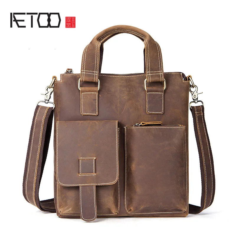 

AETOO Crazy horse skin men bag shoulder bag leather vertical section retro retro leather men's shoulder Messenger bag male bag