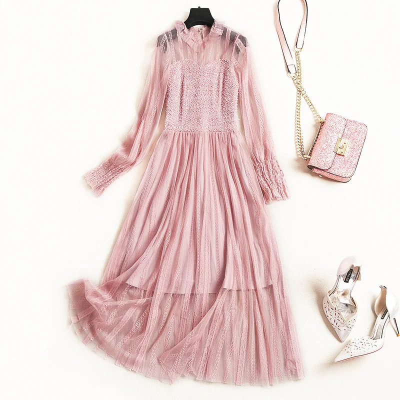 

Women girls sweet cute pink mesh dress lolita style ruffles long sleeve pleated dresses new 2019 spring summer