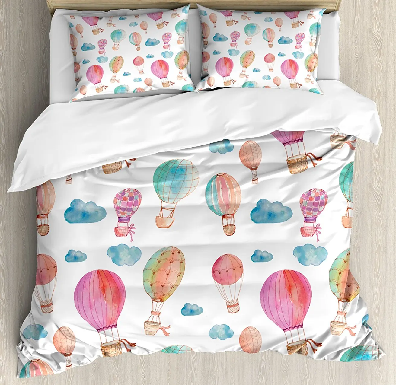 Watercolor Duvet Cover Set Hand Painted Style Cute Floating Hot Air