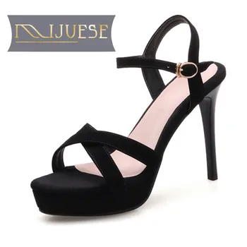 

MLJUESE 2018 women sandals Kid suede summer buckle strap Black color thin heel high heels women size 34-39