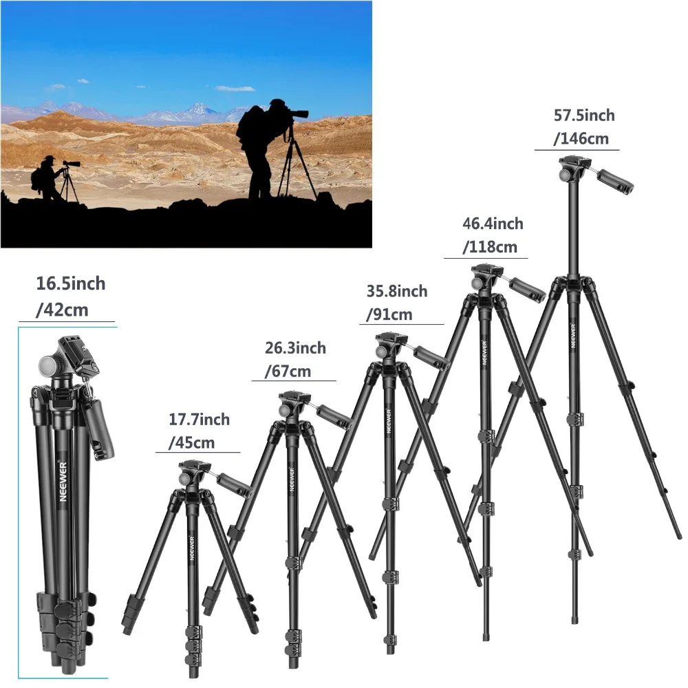 Портативный штатив Neewer для путешествий, камеры, телефона, монопод, 57,5 дюймов, алюминий, с поворотной головкой и зажимом для телефона, для DSLR камеры, телефона