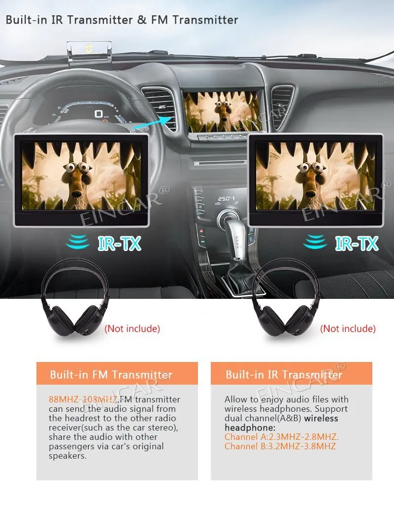 EinCar 11 6 дюймов lcd широкий экран Автомобильный подголовник dvd плеер x2 портативный