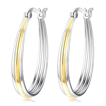 

Ladies 925 Sterling Silver Safty Two Tone with Golden Plated Oval Hoop Earrings Classic 30mm x 23mm with a gift bag
