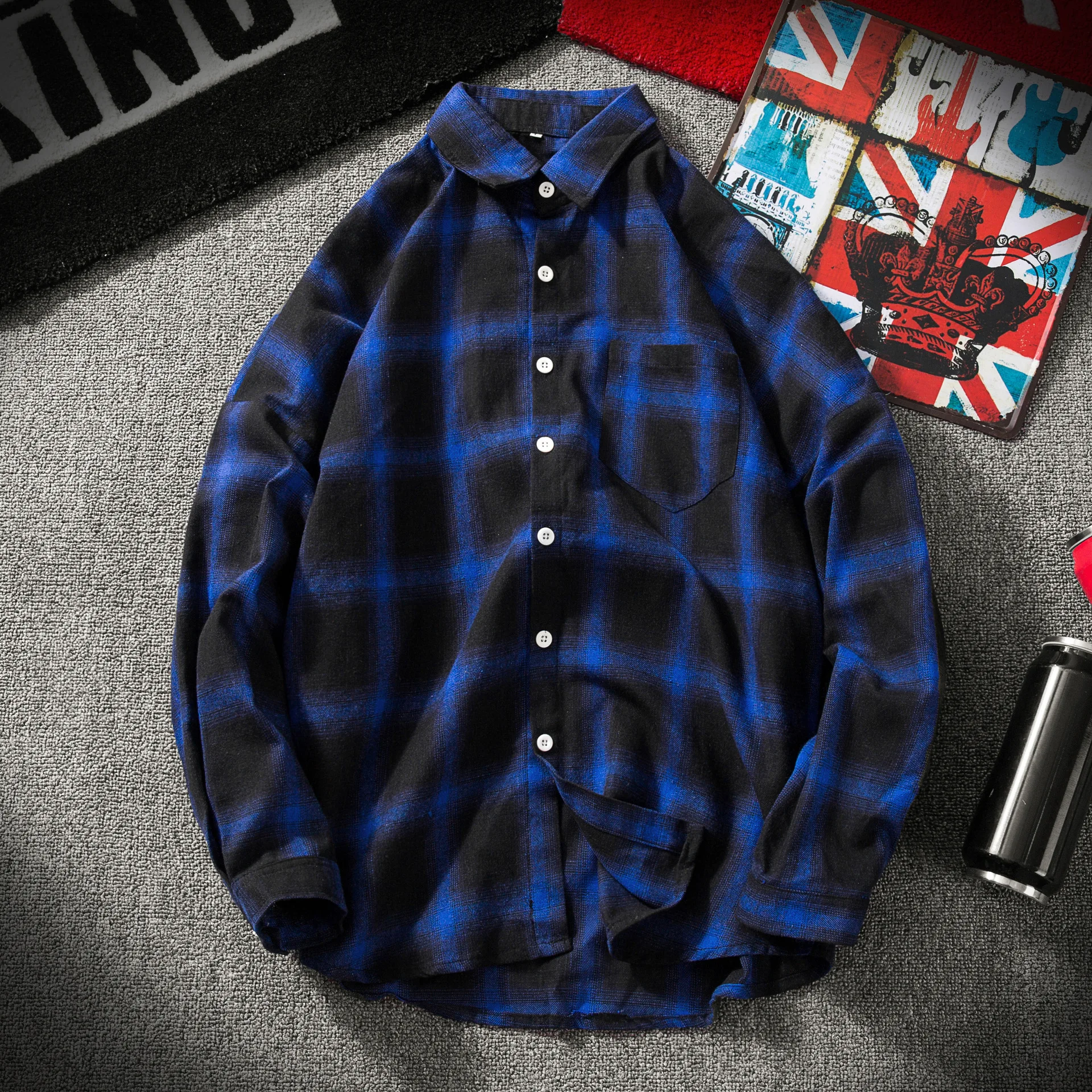 Men's Retro Tartan Shirts Harajuku Long Sleeve Plaid Shirt Red/black/green/blue Men Women Hip Hop Lattice Clothing M-5XL - Color: Blue