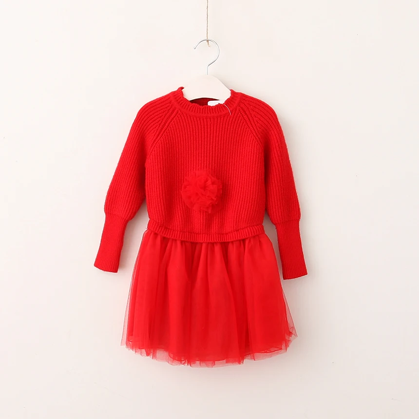 New Autumn Baby Girls Floral Knitting Mesh Long Sleeve Sweater Dresses
