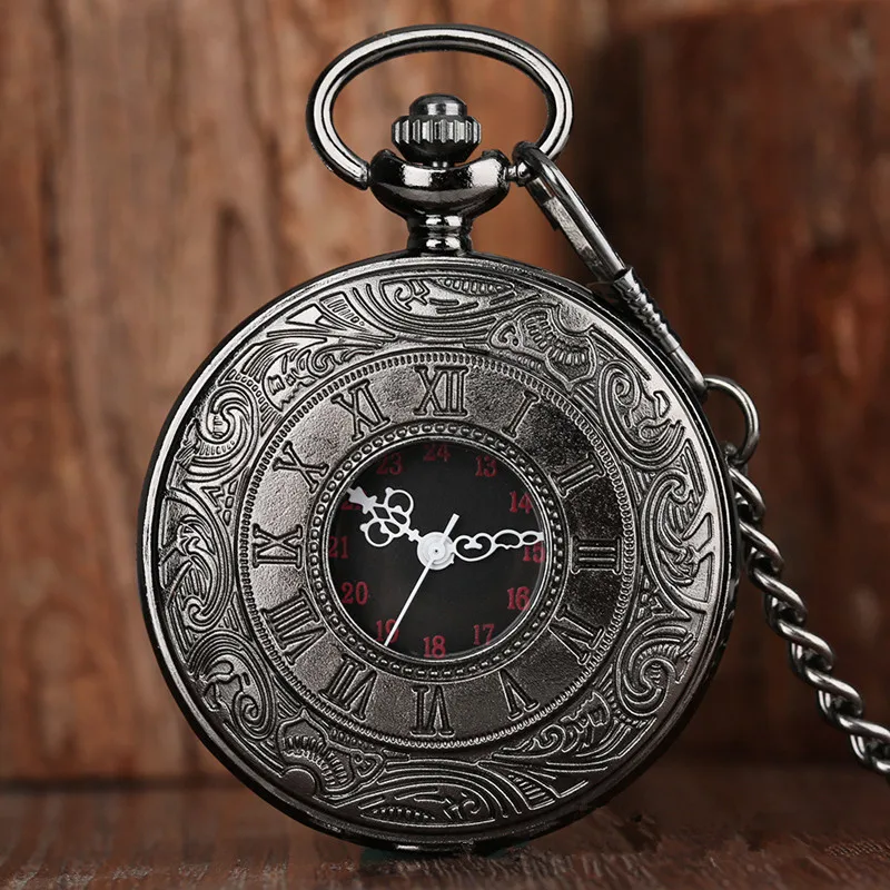 

AAA Vintage Charm Black Unisex Fashion Roman Number Quartz Steampunk Pocket Watch Women Man Necklace Pendant with Chain Gifts
