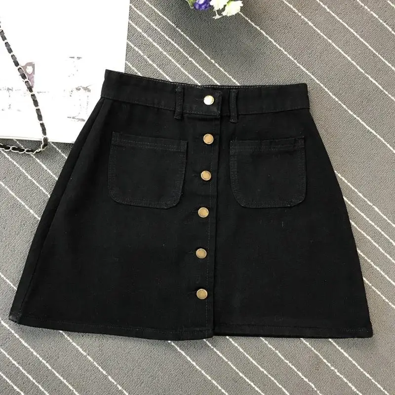 Летняя женская джинсовая юбка-карандаш трапециевидной формы с пуговицами спереди и высокой талией, Джинсовая юбка с маленькими карманами, черная, белая, четыре цвета - Цвет: black