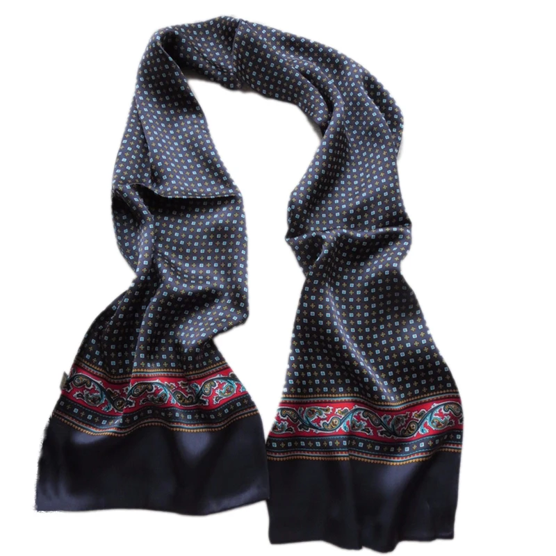 

Men 100% Real Silkworm Silk Scarf Male Elegant Double Layer Floral Neckerchief Black Red Blue