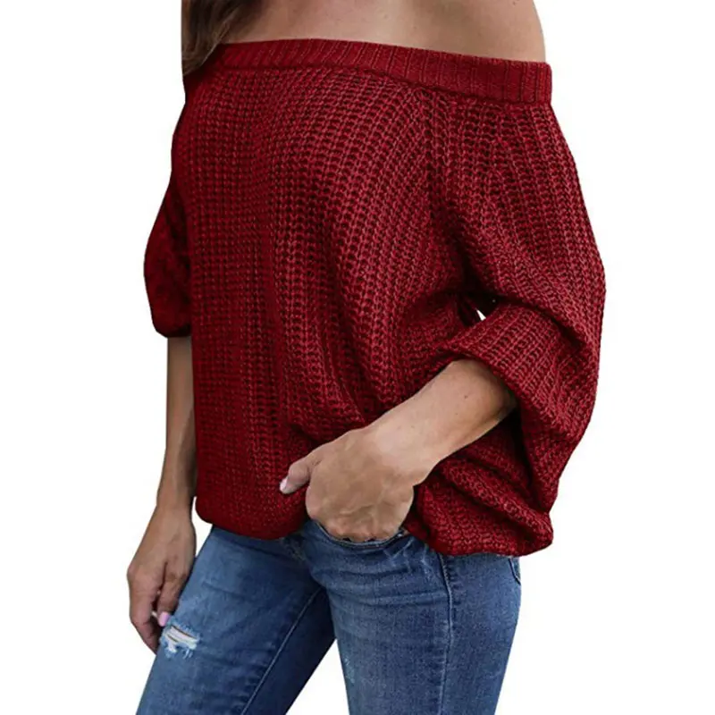 1 шт. Женский Топ свитер вязаный длинный рукав сплошной цвет Мода с открытыми плечами NGD88