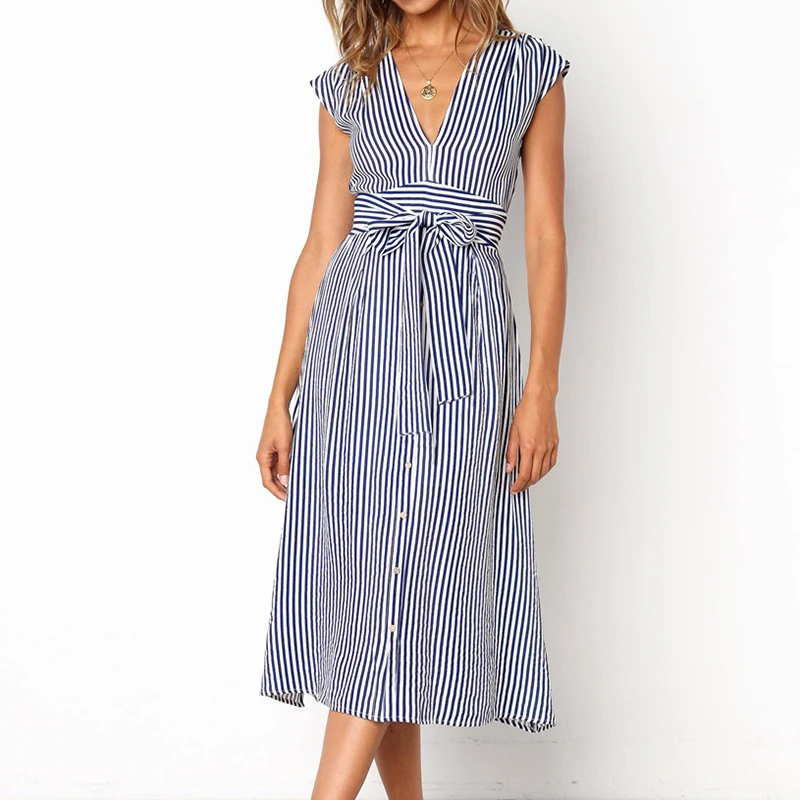 Women's Striped Mid-Calf Dress New Fashion Button Sexy V-Neck Short Sleeve Dresses Vestidos Female Casual Daily Party Sundress