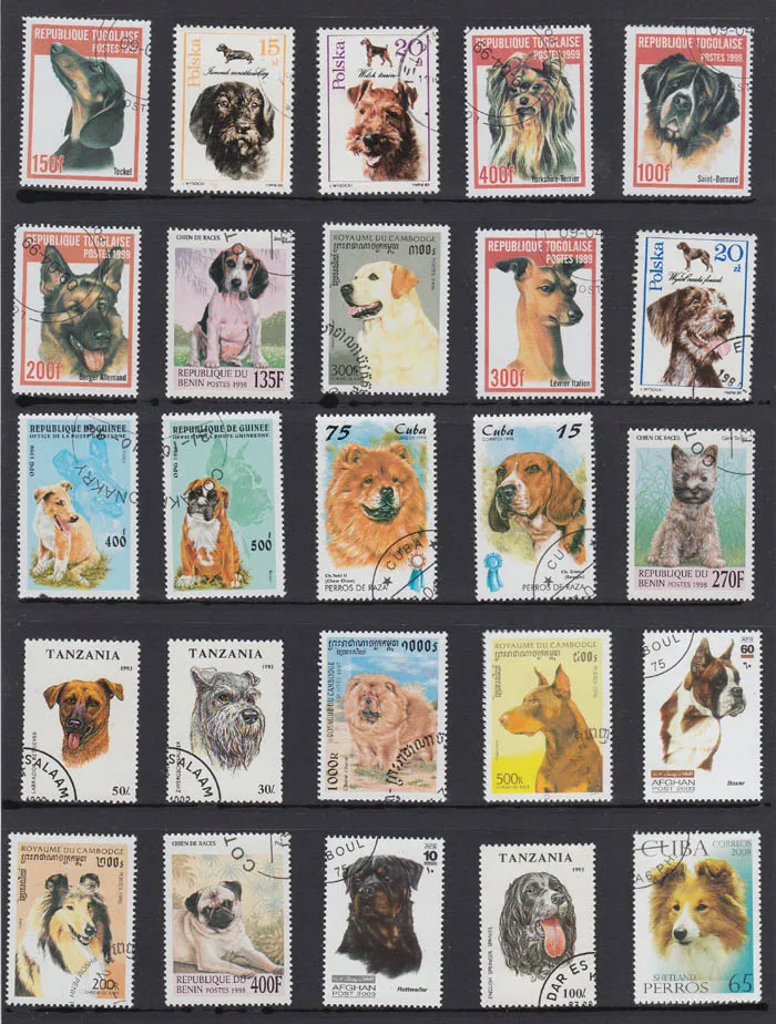 50 шт./лот, для собак, овчарок, домашних животных, все разные из многих стран, без повторения, неиспользованные почтовые марки для сбора