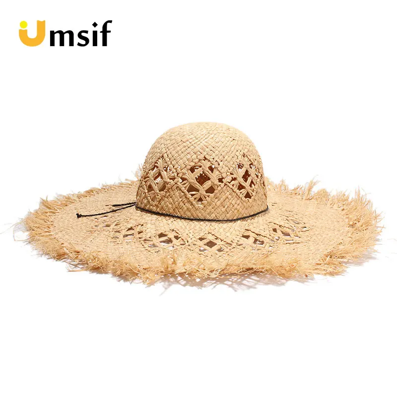 الصيف الرجعية بلون كبيرة قبعة من القش بحافة عريضة للنساء الرافية قبعة الإناث عارضة الجوف شاطئ الشمس قبعة مرِنة قبعات فيدورا