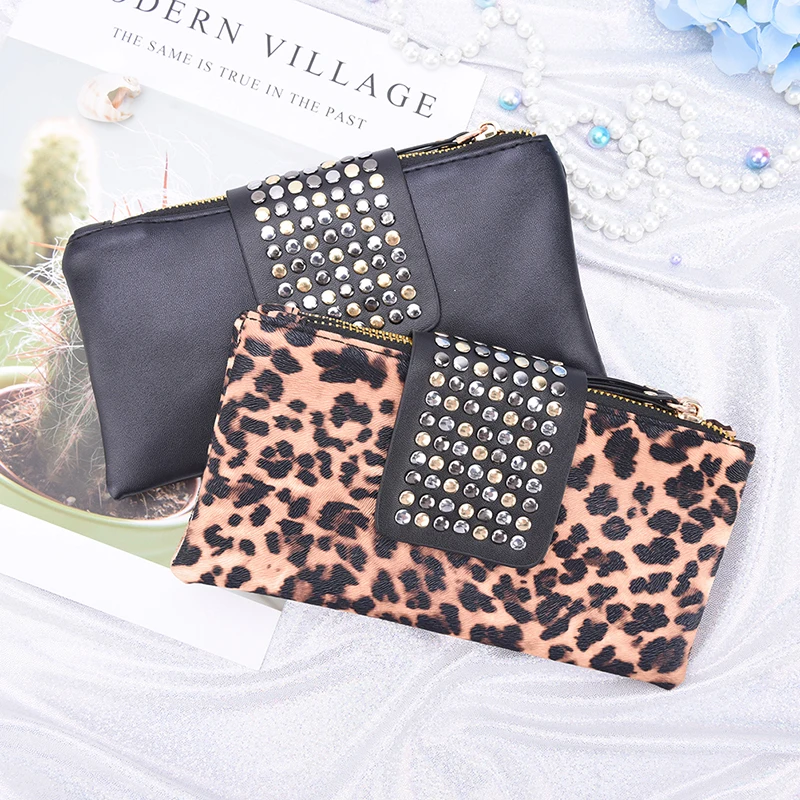 

Women Rivet Zipper Handbag Leopard Print Clutch Bag Design Wallet Holder Card Coin Clutch Purse Wristlet Evening Bag Gifts