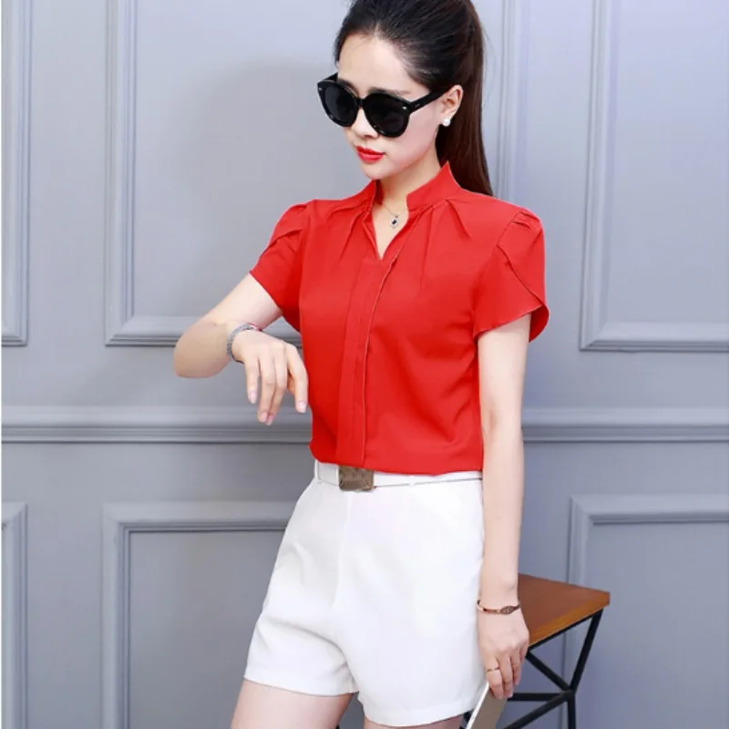 Women V Neck Chiffon Blouse Short Sleeve Solid Color Shirt Large Sizes Bodycon Elegant Ladies Autumn Fashion Shirt