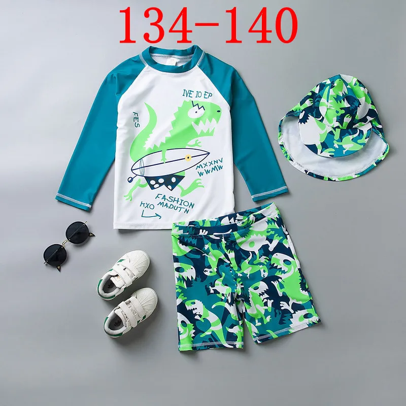 Новинка года, купальный костюм для мальчиков с изображением зеленого динозавра, 3 предмета, купальный костюм с длинными рукавами для мальчиков, детский купальный костюм UPF50+ пляжная одежда с защитой от УФ-лучей - Цвет: SIZE 134-140