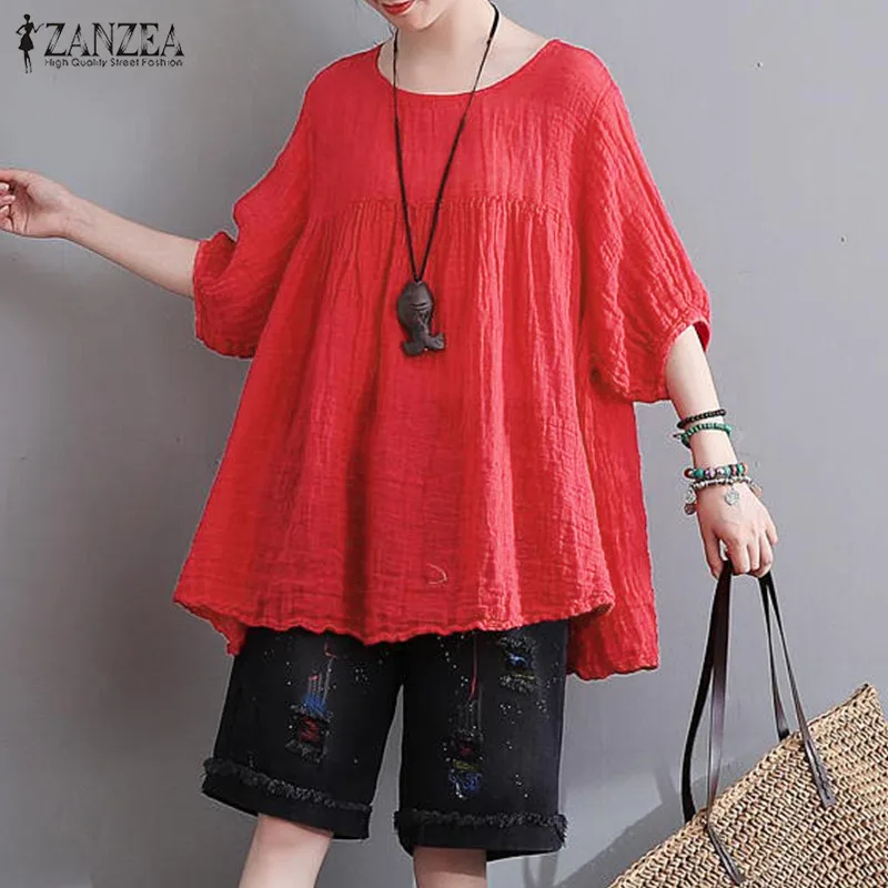 Vente 2018 D été ZANZEA Femmes Casual Lâche Blouses Chemises Vintage À Manches Courtes O Cou Pull Tops Grande Taille En Coton Blusas Tees 5XL