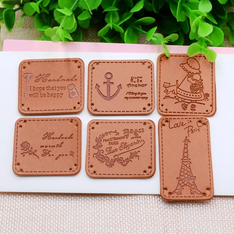 

20PCS PU Leather Garment Labels Square shape Hand Made Embossed Apparel accessories