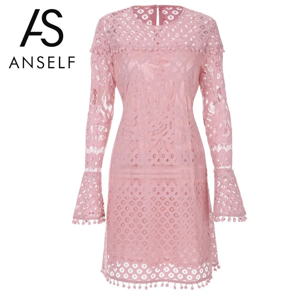 

Anself Elegant Women Sheer Lace Dress Pom Pom Trims O Neck Sheath Bodycon Lace Dress Long Sleeve Lined Party Mini Dresses Pink