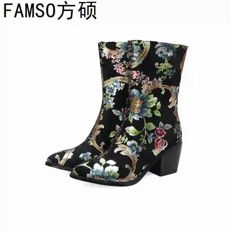 

FAMSO 2019 New Women Boots Black Blue Autumn Chelsea Boots Pointed Toe Mid-Calf Print Flowers Pointed toe Women's Riding Boots