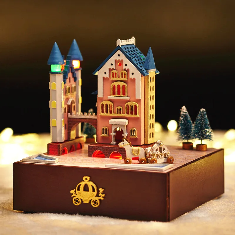 

Cute Families House Revolving Castle Wagon DIY Assembled Music Box Toys for Girls Crafts for Children Juguetes Brinquedos