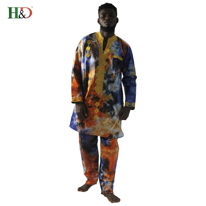 H& D Дашики африканская мужская одежда Riche Bazin вышивка Дашики принт длинный рукав рубашки брюки набор для мужчин одежда