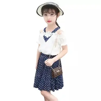 

2019 New Summer Fashion Teenage Girls Clothing Sets Baby Girls Flowers Off Shoulder Tops+Pleated Polka Dot Skirts Tracksuits L46