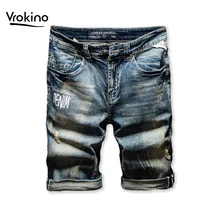 Летние новые стильные мужские повседневные джинсовые шорты с вышитыми буквами, модные высококачественные хлопковые Стрейчевые прямые шорты из джинсовой ткани