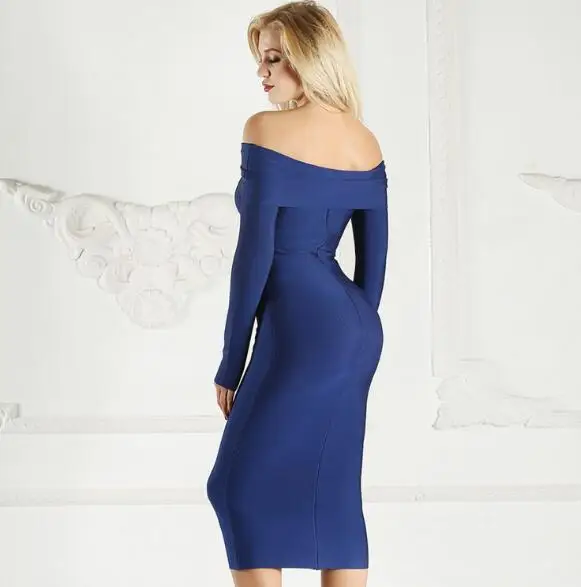 Осенне-зимнее синее платье с вырезом лодочкой и открытыми плечами длиной до колена, сексуальное облегающее платье для вечеринки с низким декольте вечернее облегающее платье для женщин