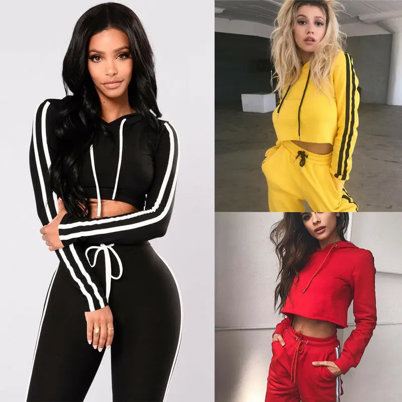 

Women Sport Hoodies Sweatshirt Crop Tops Pants Leggings Set 2Pcs Tracksuit Sweat Suit Striped Ladies Set Fashion Yellow