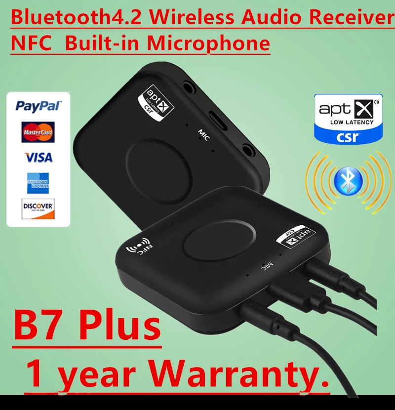 

NEW CSRA64215 Wireless Audio Receiver Adapter B7 PLUS Bluetooth 4.2 Receiver APT-X NFC CVC6.0 Built-in Microphone AUX Out