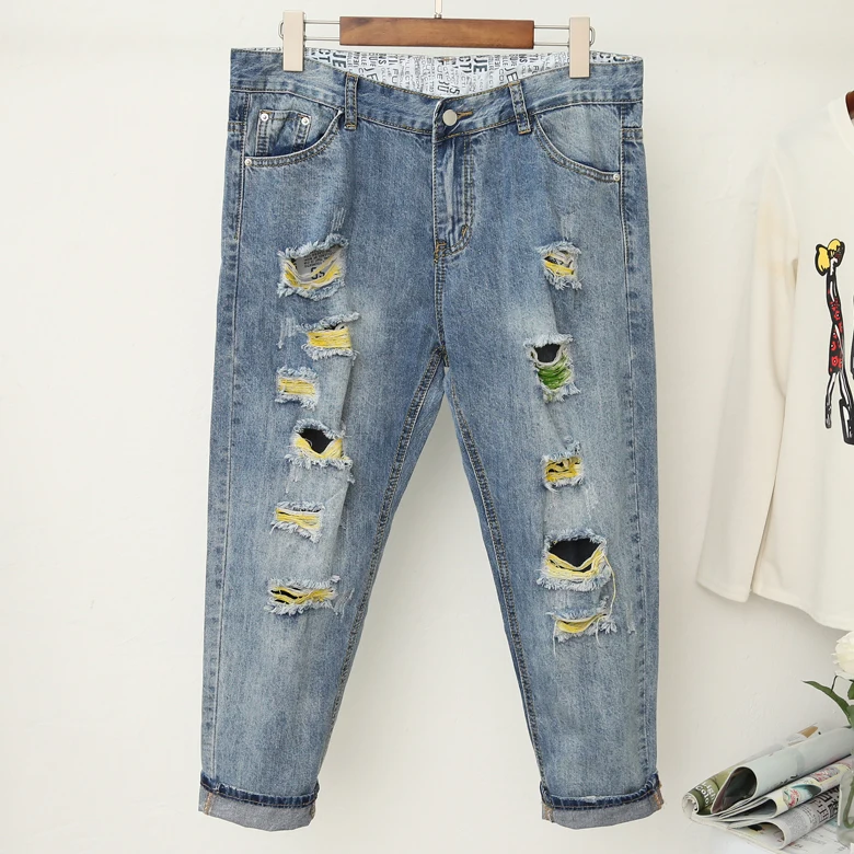 XL-5XL плюс Размеры высокой талией женские джинсы 2018 Новинка осени отверстий случайные свободные джинсы женские хлопок пят Брюки L1001