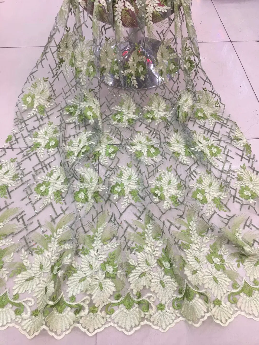 

nice look rope embroidered french lace fabric high quality sequin african net tulle lace fabric for dress 5yards/piece jiaa293