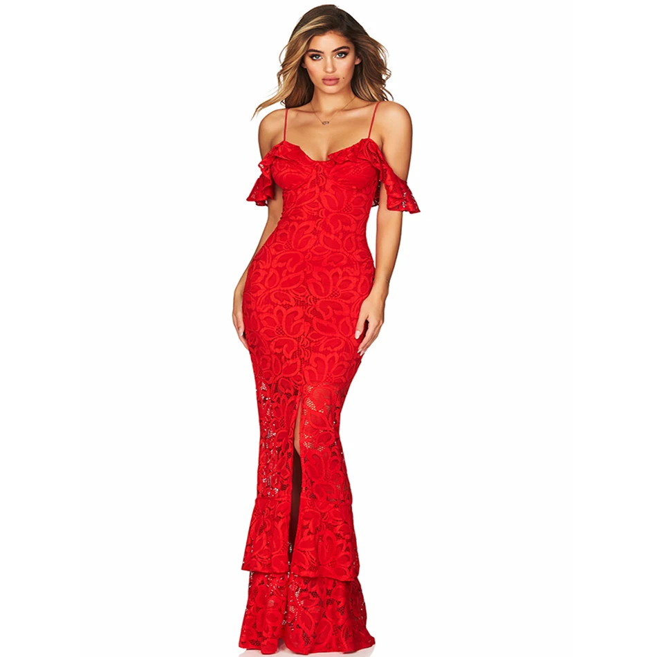 

New Winter Celebrity Party Bandage Lace Dress Women Short Sleeve Off The Shoulder Sexy Split Club Maxi Dress Women Vestidos