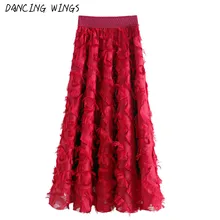 Autumn Winter Feather Tassel Skirts Ankle Length Chiffon Long Skirts For Women Elastic High Waist TuTu Skirt Saias