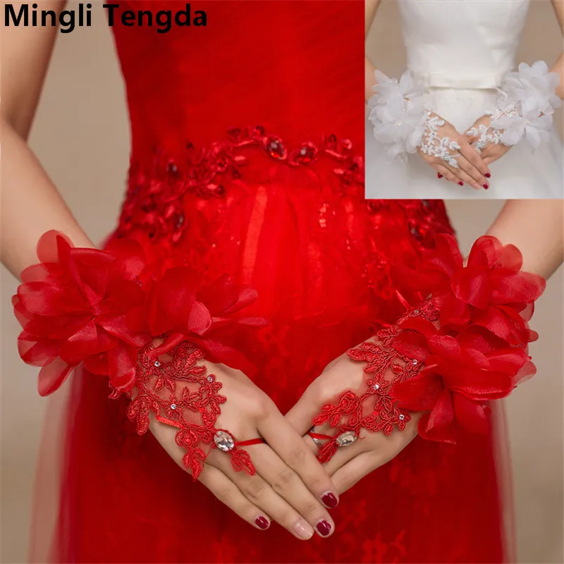 Mingli Tengda Красные кружевные свадебные перчатки аппликация бусины Свадебные перчатки Свадебные аксессуары Свадебные митенки для невесты