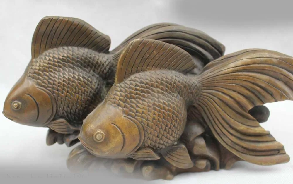 

7"China Chinese Feng Shui Bronze Lucky Lifelike Two goldfish Statue