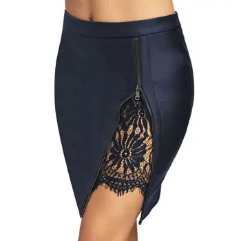 

Summer Lace Patchwork Bodycon Skirts Women High Waist Zipper PU Leather Skirts Sexy Fashion Pencil Skirts