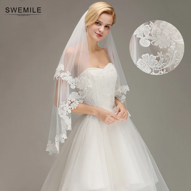 

Voile Mariage Cheap Lace Edge Short Ivory Wedding Veil with Comb Two Layers Tulle Bridal Veil Wedding Accessories Veu de Noiva