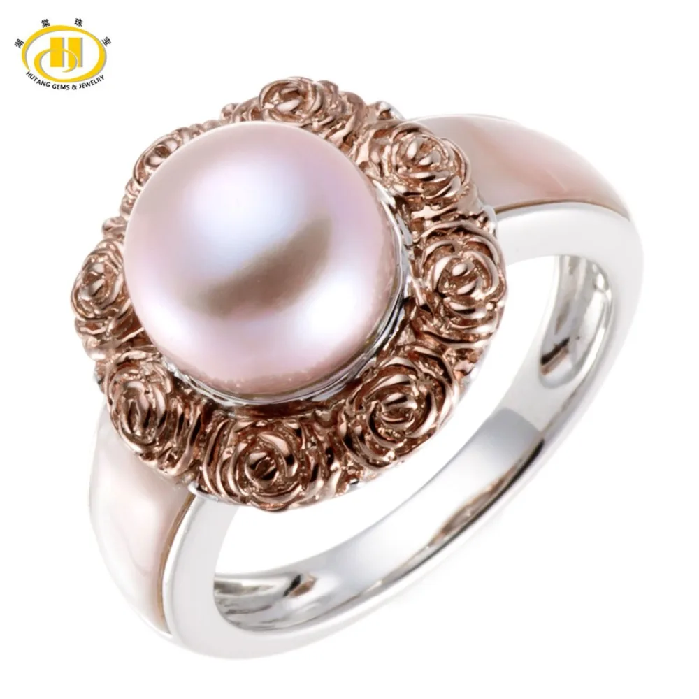 Hutang Two-tone Sterling Silver 925 Freshwater Cultured Pink Pearl Rose Ring Party Fine Jewelry S925